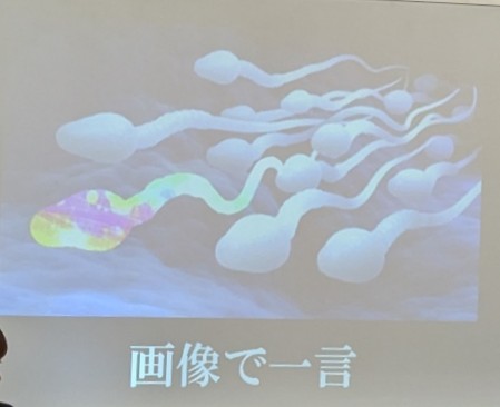 複数の精子がこちら向きに泳いできている画像で、先頭の一匹がガチャの演出のように虹色に輝いている